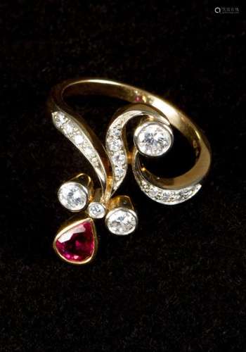 Diamond Ruby Flower Ring around 1920, with diamond…