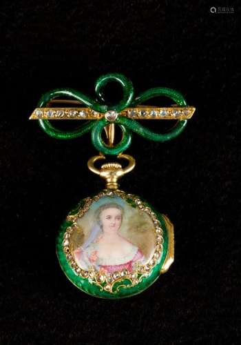 Ladies enamel pocket watch around 1880, 18 carat g…