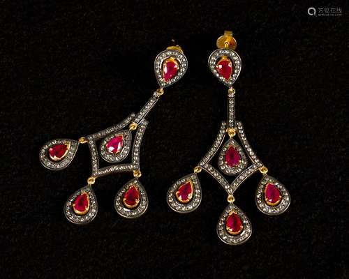 Diamond ruby earrings, around 1940, 14 carat gold …