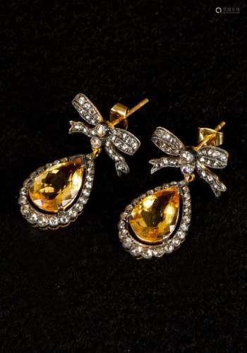 Diamond citrine earrings, rose cut diamonds, 0,6 c…