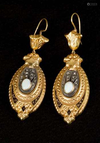 Gold enamel opal diamond earrings around 1900, bom…