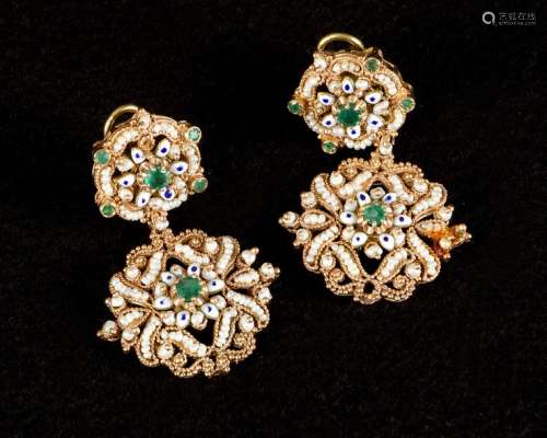 Pearl enamel emerald earrings around 1900, flexibl…