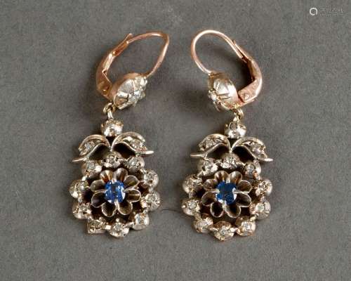 Diamond sapphire earrings around 1880, felxible wi…