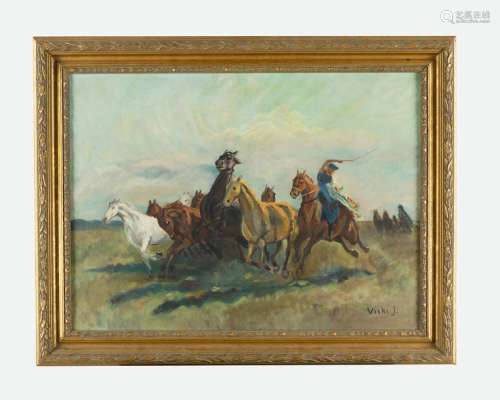 Janos Viski (1891 1965), Horses with rider, oil on…