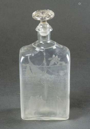 Glass flask, rectangular shape with long neck and …