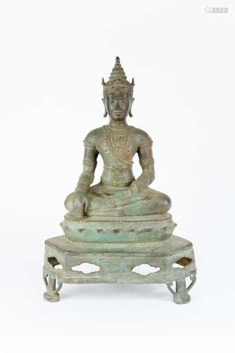 Sitting Buddha on lotus base; bronze cast with ori…