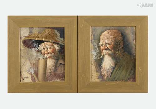 Asian artist around 1900, Two portraits of elderly…