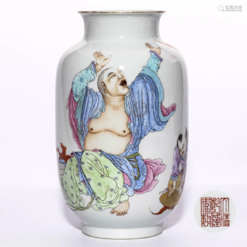 A Famille Rose and Gilt Figures Lantern Shaped Vase