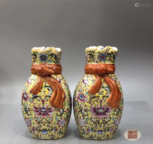 Matched Pair Famille Rose Floral Vases