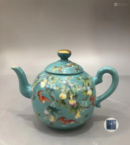 A Turquoise Ground and Famille Rose Teapot
