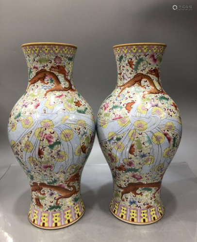 Pair Famille Rose Vases Qianlong Period