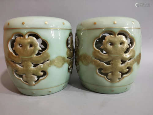 Pair Celadon Glazed Porcelain Stools Qianlong Period