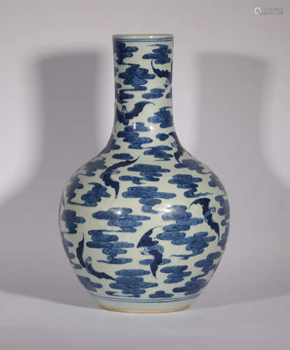 A Blue and White Bats and Clouds Bottle Vase Qing Dynasty