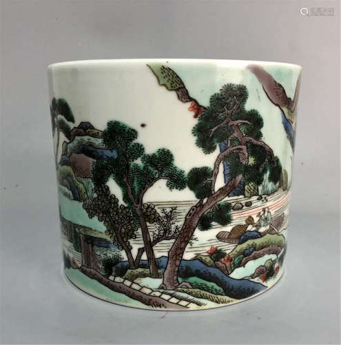 A Famille Verte Landscape Brush-pot Qing Dynasty