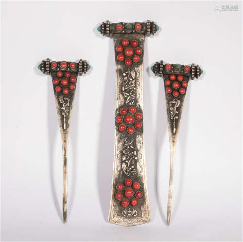A Group of Three Coral Inlaid Silver Hairpins Qing Dynasty