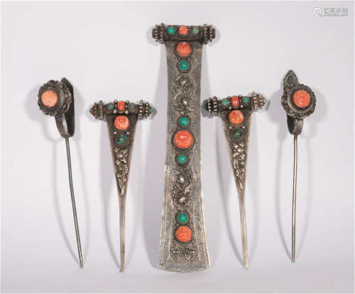 A Group of Five Coral Inlaid Silver Hairpins Qing Dynasty