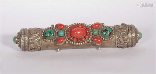 A Coral and Turquoise Inlaid Silver Letter Box Qing Dynasty