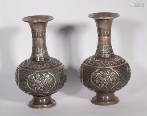 Pair Silver Floral Vases Qing Dynasty