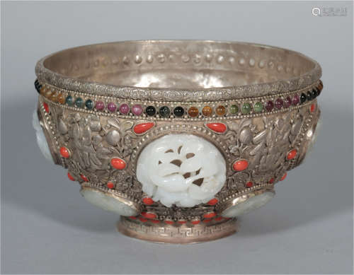 A Hard Stones Inlaid Sliver Bowl Qing Dynasty
