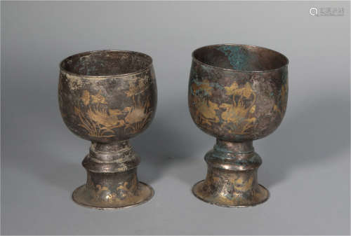 Pair Silver Gilt Stem Cups Tang Dynasty