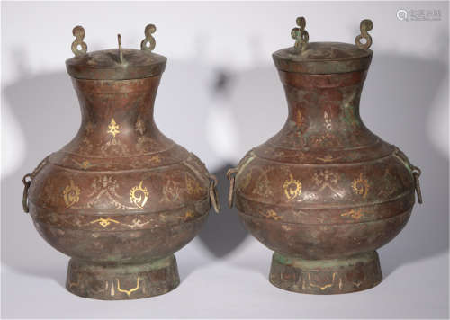 Pair Bronze Gilt Vases Warring State Period