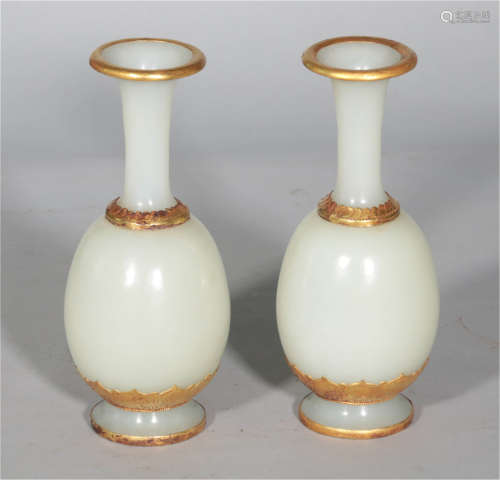 Pair Gold Inlaid Jade Vase Possibly Liao Dynasty