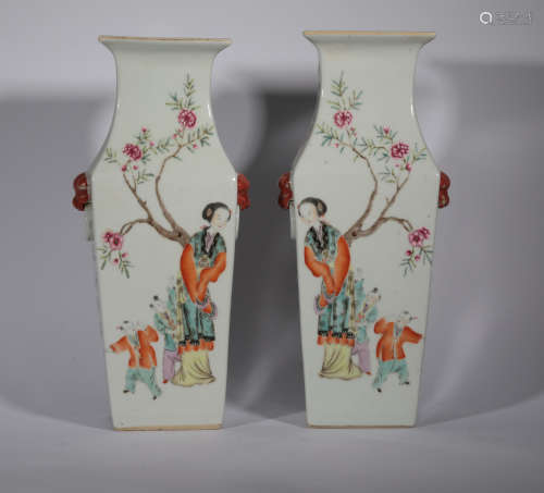 Pair Famille Rose Squared Vases Guangxu Period