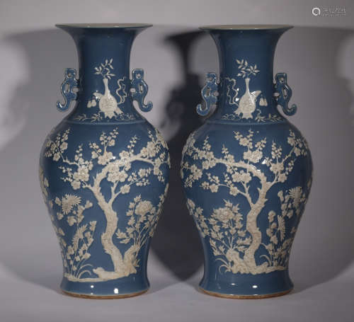 Pair White Slip Decorated Vases