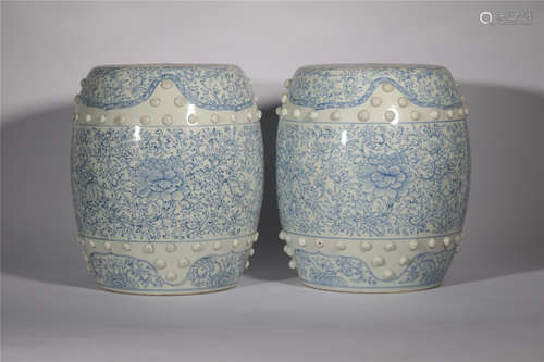 Pair Blue and White Porcelain Stool Qing Dynasty