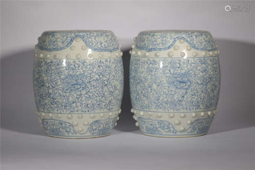 Pair Blue and White Porcelain Stool Qing Dynasty