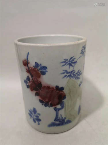 An Under Glaze Blue and Copper Red Brush-pot Kangxi Period