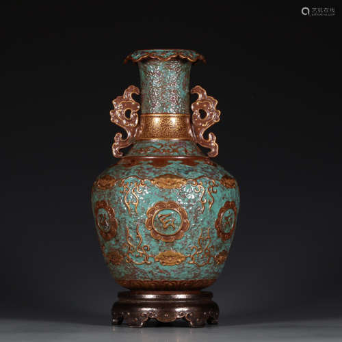 Chinese Qing Dynasty Qianlong Period Bronze Color Binaural Porcelain Bottle