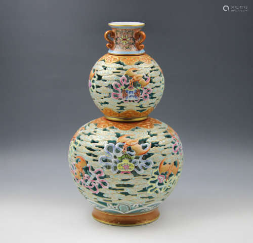 Chinese Famille Rose Carved Porcelain Gourd Bottle