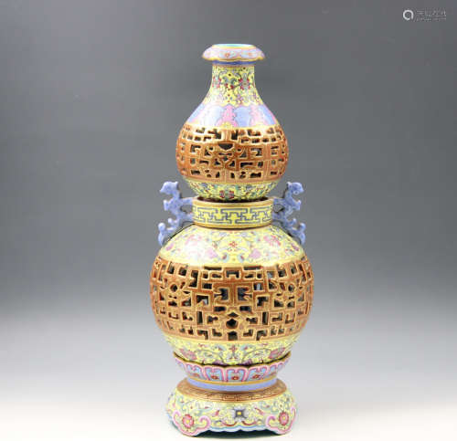 Chinese Famille Rose Carved Porcelain Gourd Bottle