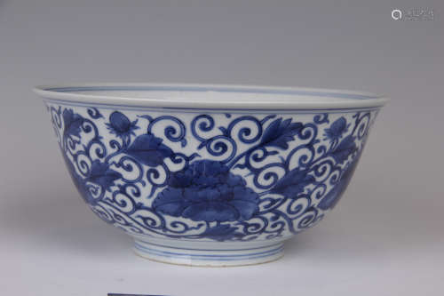 Chinese Qing Dynasty Kangxi Period Blue And White Peony Flower Pattern Porcelain Bowl