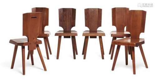 Pierre CHAPO (1927-1986)  - Suite de six chaises mod. S28A dites « Chaise tout bois [...]