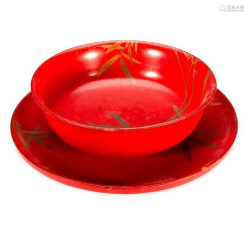 Chinese red lacquer bowl and dish.