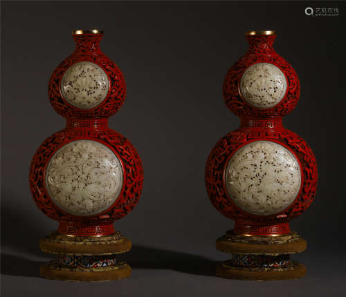 A PAIR OF CHINESE CINNABAR INLAID JADE CARVED  DRAGON AND PHOENIX GOURD VASE