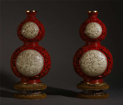 A PAIR OF CHINESE CINNABAR INLAID JADE CARVED  DRAGON AND PHOENIX GOURD VASE