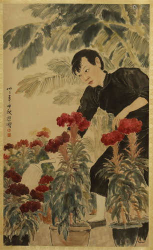 CHINESE PAINTED SCROLLL OF GIRL AND FLOWER BY XU BEIHONG