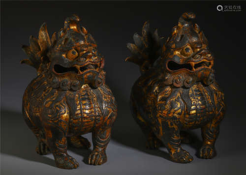 PAIR OF CHINESE BRONZE GILT LACQUERED BEAST CENSER