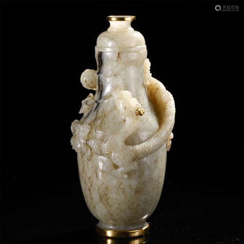 A CHINESE NLAID GOLD DRAGON PHOENIX JADE VASE