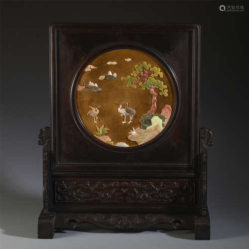 A CHINESE ZITAN INLAID BRONZE AND GEM STONE CARVED CRANE TREE TABLE SCREEN