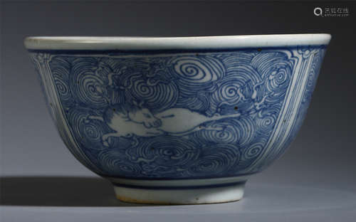 A CHINESE PORCELAIN BLUE AND WHITE HORSE PATTERN BOWL