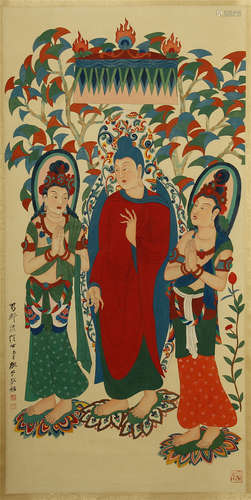 CHINESE PAINTED SCROLLL OF STAND TRIPLE BUDDHA BY ZHANG DAQIAN