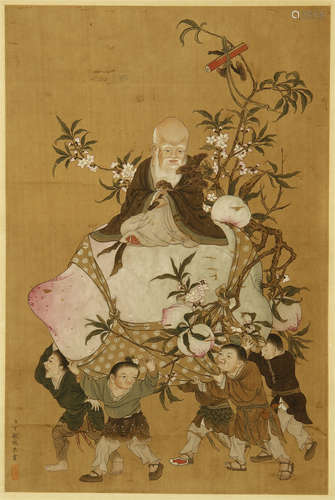 CHINESE PAINTED SCROLLL OF OLD IMMORTAL AND BOYS WITH CALLIGRAPHY BY DING GUANPENG