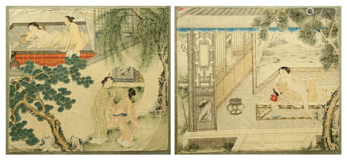 CHINESE PAINTED SCROLLL OF BEAUTY FIGURES IN GARDEN BY YI MING