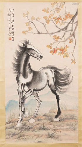 CHINESE PAINTED SCROLLL OF HORSE UNDER PLUM BLOSSOMS‎ BY XU BEIHONG