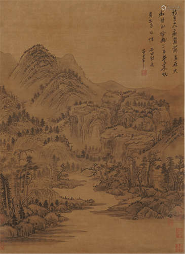 CHINESE PAINTED SCROLLL OF MOUNTAIN WITH CALLIGRAPHY BY DONG QICHANG