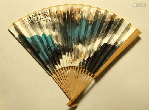 CHINESE PAINTED SCROLLL FAN OF MOUNTAIN VIEWS BY ZHANG DAQIAN